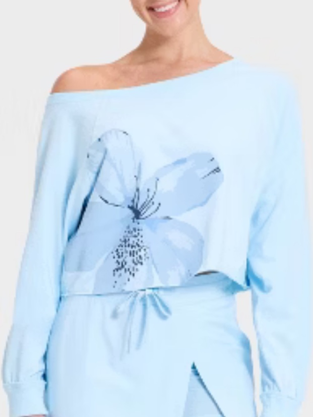JoyLab washed jersey Light Blue Floral Off-Shoulder long sleeve crop NWT x